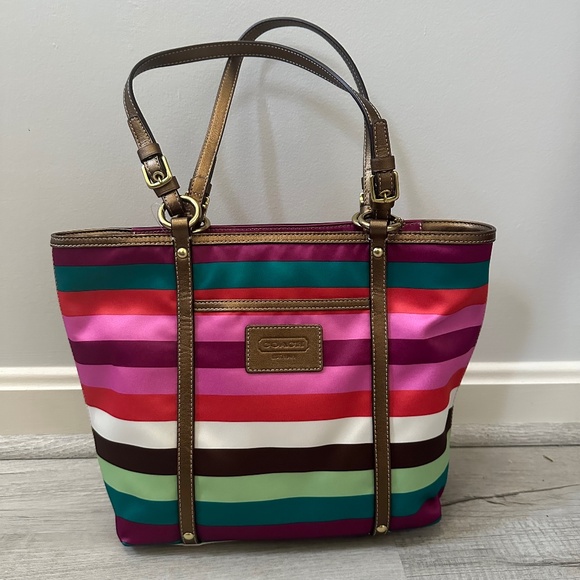 Coach Legacy Multicolor Stripe Sateen Tote Metallic Trim, F14009 - Picture 1 of 12